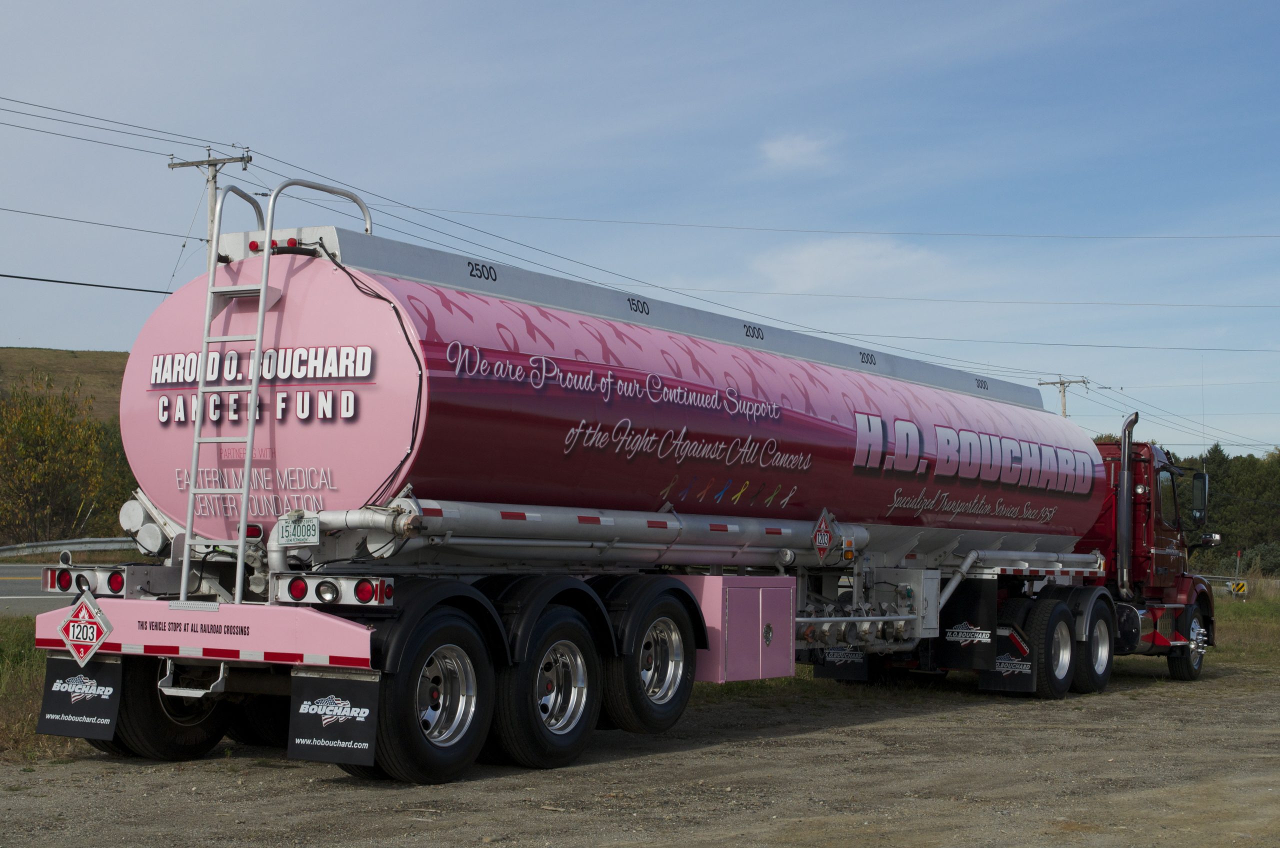 Pink-Trailer Harold O. Bouchard Cancer Fund wrapped tanker truck